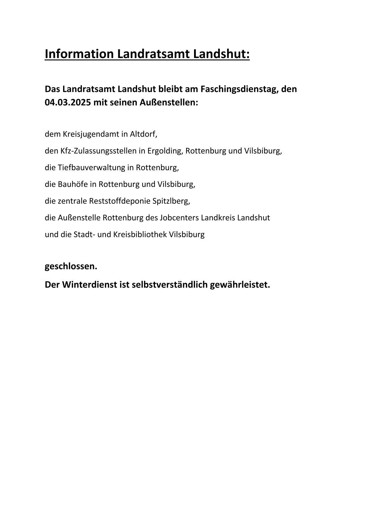 Information Öffnungszeiten Fasching Landratsamt Landshut 1